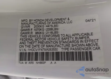 2021 Honda Accord Sport Special Edition из США, поврежденный, VIN 1HGCV1F47MA063550